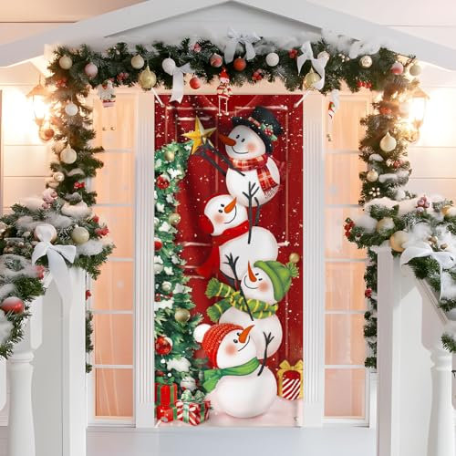 Decorazione Natalizie per Porta, Copertura Porta Babbo Natale Copriporta Natalizio, Addobbi Porta d’Ingresso Natale, Door Cover Christmas Sfondo Banner Casa (Pupazzo di Neve&Albero di Natale)