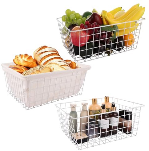 SHUESS Confezione da 3 cestini grandi in filo metallico, 40 x 28,5 x 15,5 cm, per congelatori, cestelli portaoggetti in filo metallico con rivestimento in panno di rimozione, organizer per congelatore