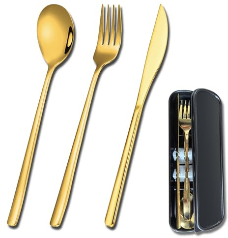 YUDANSI Gold Cutlery Sets, 3 Piece Stainless Steel Flatware Set For Children‘s Kids Adult, Easy Clean Mirror Polished Dishwasher Safe Fork Spoon Knife Set Service For Travel Picnic Office School Lunch