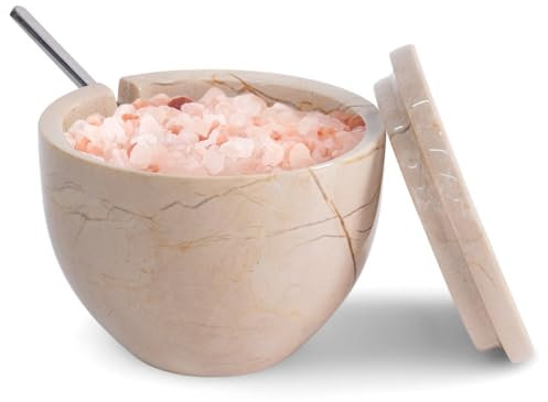 Bodega de sal de mármol con tapa y cuchara de 133.2 g, contenedor de condimentos Verona para uso en encimera, ideal para sal de piedra, azucarero y especias