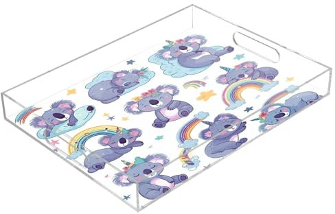 Unicorn Koalas Acrylic Serving Trays, Clear Rectangular Tray with Handles Serving Platter for Coffee Table Kitchen Bathroom