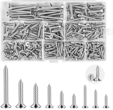 360 PCS Wood Screws Kits, M3 M4 M5 Self Tapping Screws Assortment Kit, Cross Recessed Flat Head Stainless Steel Screws Set With Storage Box - Suitable For Furniture Repair & Woodworking Projects
