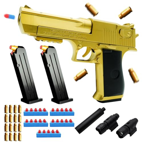 Pistolet Jouet Enfant, Pistolet Jouet, Armes en Jouet, Pistolet Enfant, avec 50 Soft Bullet, 32 Jeu de Coque, 3 Chargeurs/Silencieux/Lampe de Poche/Viseur Infrarouge, Desert Eagle (Or)
