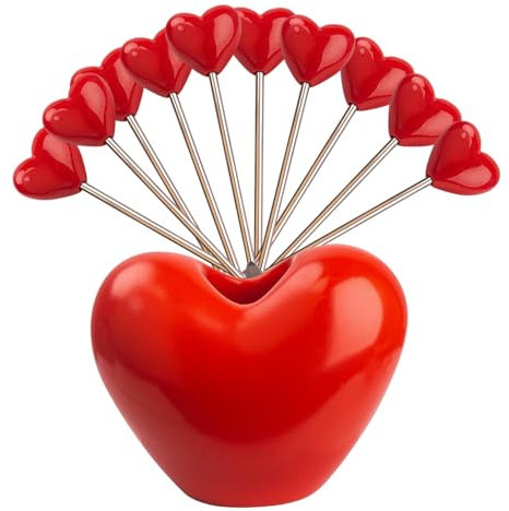 Palillos de frutas – Palillos de acero inoxidable para aperitivos con soporte, juego de 10, diseño en de corazón, palos de metal reutilizables para frutas, postres, cócteles, aperitivos