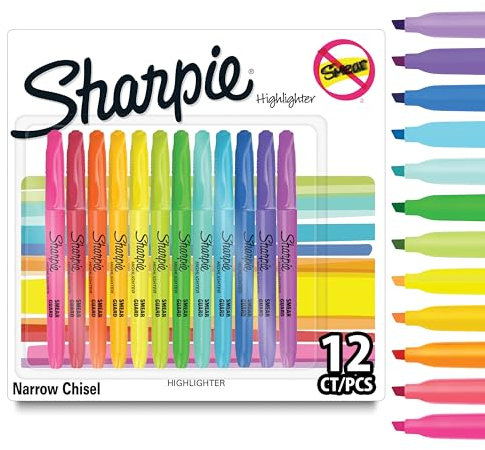 Sharpie Pocket Highlighters | Chisel Tip | Assorted Fluorescent Ink Colours | 12 Highlighter Pens