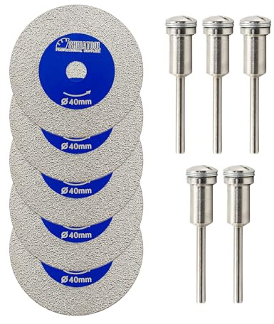 SHDIATOOL Disco Diamantato 40mm Mini Disco Taglio Vetro Ceramica Gambo 3mm | Disco Piccolo per Piastrelle/Ceramica/Marmo - Set da 5 Pezzi + Cacciavite, 40 mm Dischi Diamantati per Trapano