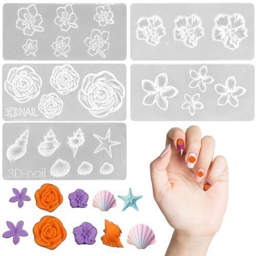 lasuroa 5uds Moldes de Silicona Uñass, Moldes Flores 3D para Diseño Uñas Accesorios Reutilizables para Decoración de Uñas Flores Frangipani Rosas y Petunias