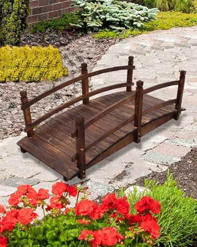 Puente de jardín de madera, pasarela de arco rústico con barandilla para paisajismo de estanques y patio trasero