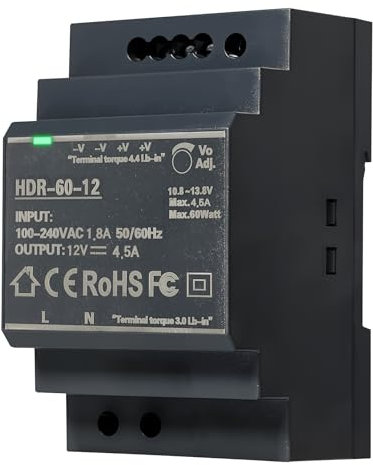 DIN Rail Power Supply HDR-60-12 60W, Switching Power Supply DIN RailTransformer DC12V 4.5A for Ring Door Bell System and Automation Industry,Industrial Automation Equipment and More