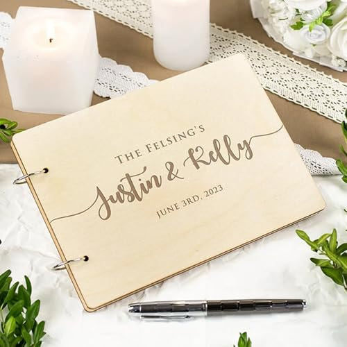Miguha Libro de firmas de boda personalizado de madera, rústico, tamaño A5/A4, álbum de fotos for Sr. y Sra., recuerdo de boda, regalo de compromiso y aniversario.