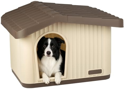 VOUNOT® Casa para Gatos de Plástico 75x63x51 cm, Caseta Mascotas Casita Cabaña de Perros Techo Desmontable Rejilla de Ventilación Patas Antideslizantes, Fácil de Montar para Interior y Exterior Beige