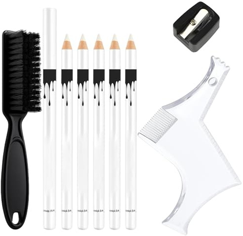 BaiDekun 9 Stück Bartschablone Herren Set mit 6 weißen Friseurstiften, Schablone, Bürste und Anspitzer für präzises Bartstyling und saubere Konturen