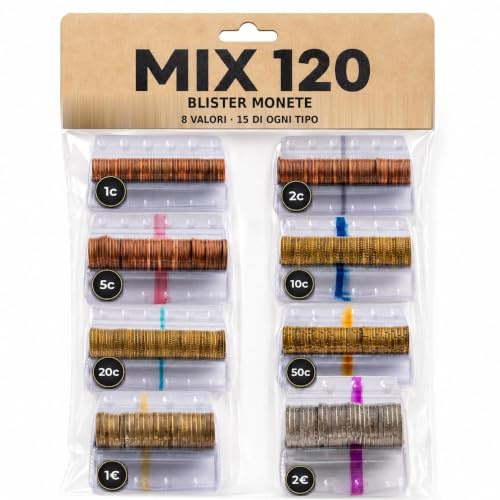 AF® 120 Münzhülsen mannigfach | 15 Münzrollen für 2 euro, 1 euro, 50cent, 20cent, 10cent, 5 2 und 1 cent, 15 Münzrollen Kunststoff x 8 Münzen (120 Mix Blister)