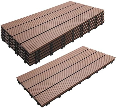 Relaxdays WPC Fliesen 6 Stück, 60x30, Balkonfliesen wetterfest, Terrassenplatten Klicksystem, 1,1 m², Holzoptik, braun