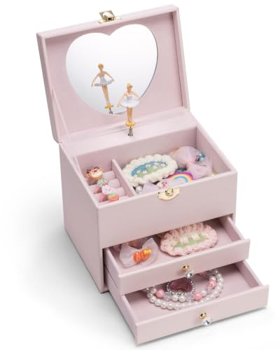VLANDO 2-Tier Musical Girl Jewellery Box with Ballerina, Music box for Kids | 17.2*13.2*15.3cm, Girls Birthday Presents, Girls Toys, Canon melody, child-friendly materials, holds hair clips & bands