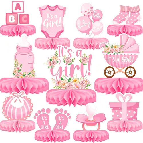 11 PCS Baby Shower Decorations for Girls, Honeycomb Centerpieces for Tables, 11 Different Whimsical Patterns Birthday Party Supplies, Pink Floral Table Toppers for Baby Shower Gender Reveal