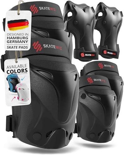 SKATEWIZ Knee and Elbow Pads Adult - Skating Protective Gear - PROTECT-1 - Size L Black - Wrist Guards Skating Pads, Skateboard, Roller Skate, Ice Skates For Women