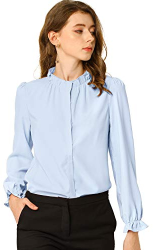 Allegra K Women's Business Casual Ruffled Collar Long Sleeve Chiffon Button Down Blouse Medium Light Blue
