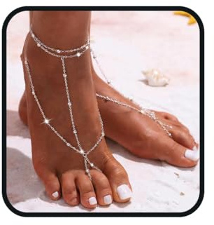 Aularso 2PCS Boho Beaded Foot Chain Layered Barefoot Sandals Summer Beach Ankle Chain for Women (Silver)