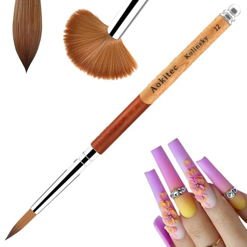 Aokitec Kolinsky Acrylic Nail Brush Size 12, Acrylic Brushes for Nails Wood Nail Art Brush for Acrylic Powder Acrylic Liquid Manicure Nail Art Tools