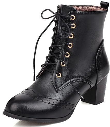 UniqueStride Women's Brogue Ankle Boots Lace Up Ankle Bootie with Chunky Block Heel Round Toe Shoes (Black,US size 8)