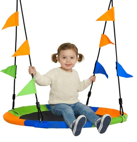 Outsunny Balançoire nid d'oiseau Ronde balançoire Panier Ø 100 cm pour Enfant et Adulte 2 Anneaux Inclus Poids Max. 80 kg métal époxy PP Oxford Haute densité Drapeaux Multicolores
