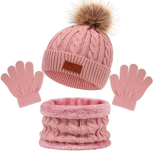 LINSOCLE 3 in1 Kinder Wintermütze Schal Handschuhe Set, Mädchen Winter Beanie Hut Handschuhe Runder Schal Set für Kinder 2-7 Jahre