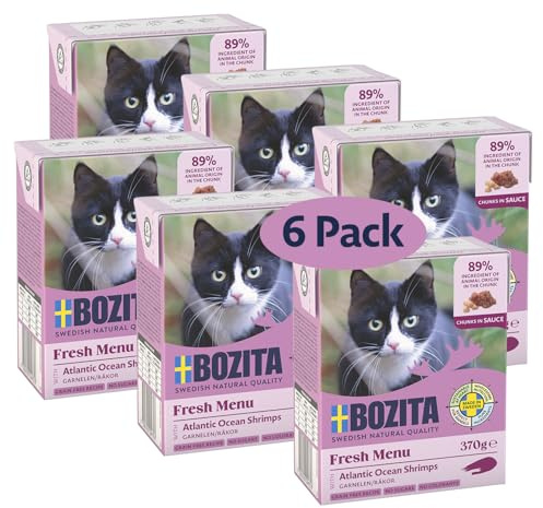 Bozita Tetra Nassfutter mit Garnele in Sauce – 6x370g hochwertiges Katzenfutter ohne Getreide & Zucker – mit 7,5% Protein, 5% Fett – vollwertig, natürlich & besonders fein im Geschmack