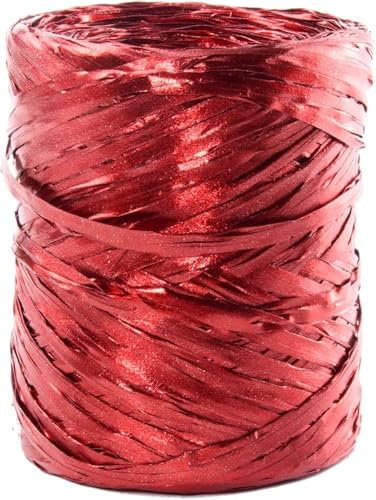 Bast auf einer Rolle, synthetisches Bast, 220 yard, Papierband, natürliches Basteln, für Geschenke, Weihnachtsblumensträuße, Dekorationen, 200 m (Metallic-Rot)