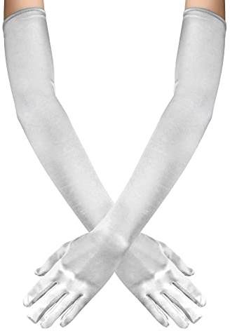 55 CM Guanti da Sera da Donna, Guanti da Opera Vintage, Eleganti Gomito Guanti da Ballo, Guanti Lunghi in Raso Elastici per Matrimoni Festa in Maschera Carnevale (Bianco)