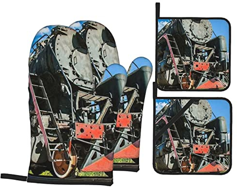 Locomotive Ensemble de gants de cuisine et maniques en tissu polyester, isolation thermique, épais et durable