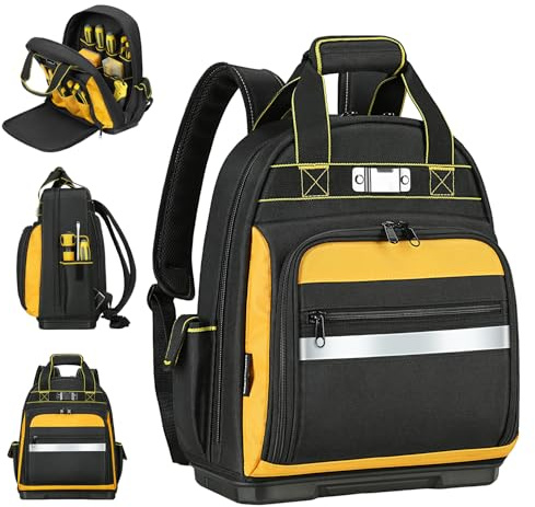 WINHUNT Sac à dos à outils robuste, Sac à dos à outils avec base moulée étanche, multiples poches, organisateur de sac à outils pour électricien, Noir/Jaune