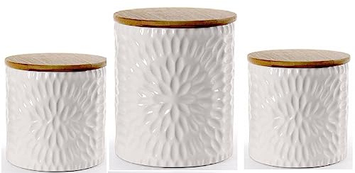 Utilissimi EDITACASA – Juego de recipientes para especias, sal de azúcar y café, galletera, estilo moderno con tapa de madera, medidas 2 tarros de 13 x 16 cm, 10 x 12 cm y 1 tarros