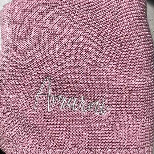 Reeg Gestickter Name Baby Decke Baby Bad Kinderwagen Decke Neugeborenes Baby Geschenk Personalisierte Weiche Atmungsaktive Baumwolle Gestrickte Decke (Pink,Embroidered Name)