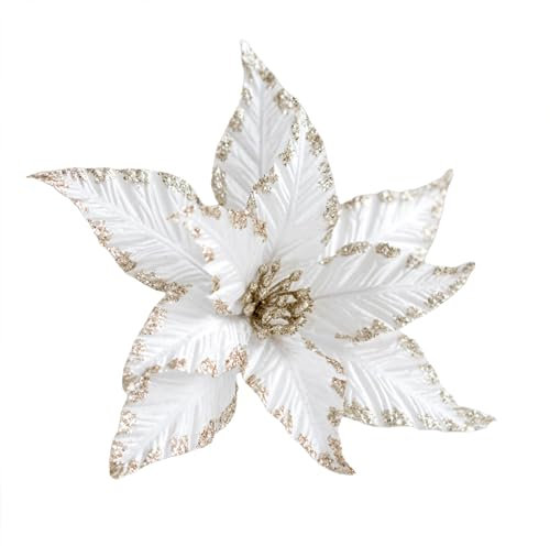 Herfair 6 Stück 25cm Weihnachtsbaumschmuck Glitter Blume Christbaumschmuck Weihnachtsbaum Dekor Hängende Weihnachten Anhänger Baumschmuck (Weiß)