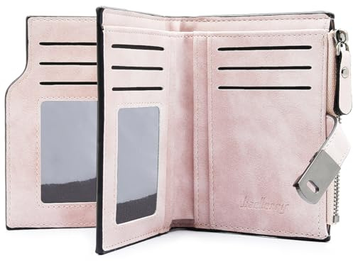 GOUNNU Damen Mini Geldbeutel Klein aus PU Leder mit 16 Kartenfächer, Portemonnaie im Kurzformat, Reißverschluss Münzfach (Rosa)