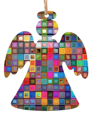 Bunte Quadrate Holz Weihnachten Engel Form Ornamente Holz Weihnachtsbaum Hängende Dekoration Weihnachtsbaum Ornamente mit Seilen für Weihnachten Urlaub Dekorationen