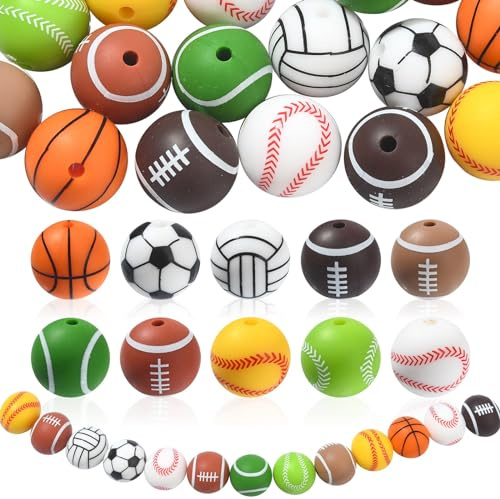 Stiesy Lot de 20 perles rondes en silicone sur le thème des sports - 10 styles - Basketball, football, volleyball, rugby - Perles d'espacement en silicone pour la fabrication de bracelets, colliers et