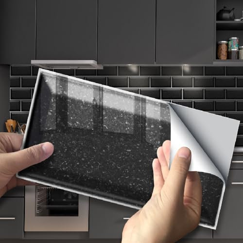 Neukids Black Tile Stickers self Adhesive Kitchen Splashback, Black Stick on Tiles, Tile Decals for Living Room Kitchen Bathroom Laundry RV Backsplash 27PCS