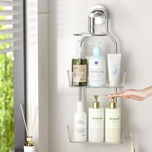 APLOP 2-Tier Shower Caddy Hanging,Rustproof Aluminum,Bathroom Storage Organiser,No Drill Hanging Shower Shelf with Removable Hook,Chrome
