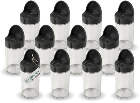 Chefkoch 2-in-1 Gewürzstreuer mit Dosiermaß: Einfaches Abmessen & Hinzufügen von Gewürzen – 12er Set, 100ml Fassungsvermögen – Inkl. 12 Beschriftungsetiketten – Spülmaschinenfest – Grau/Transparent