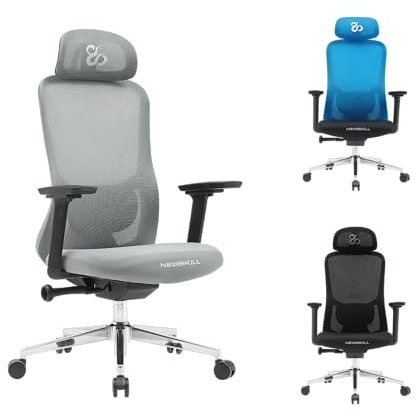 NEWSKILL NUE Silla ergonómica con reposabrazos 3D, Base metálica cromada y Respaldo de Malla Transpirable - Color Gris