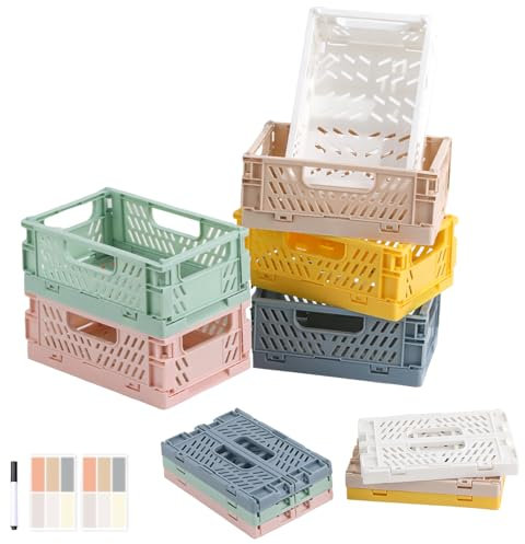 Lucywey Lot de 6 boîtes de rangement pliantes en plastique - 15 x 9,7 x 6 cm - Mini boîtes de rangement pliables - Multicolore, stable - Avec autocollants et stylo - Pour la maison, le bureau, l