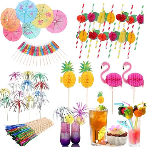 LDBKLGHJ Set di Cannucce Riutilizzabili e Ombrellini Cocktail - 125 Pezzi di Decorazioni per Feste, Cannucce Cocktail Multicolore, Adatto per Bevande e Alimenti, Forniture per Feste