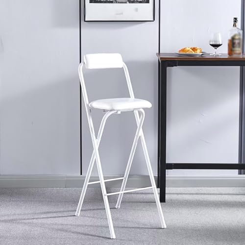 Sgabello Pieghevole Alto con Schienale, Sgabelli da Bar Pieghevole Imbottito,Sgabello Pieghevole Portatile con Poggiapiedi, Non Richiede Montaggio, Sedia da Bar per Cucina Ufficio Negozio(White,60cm/2