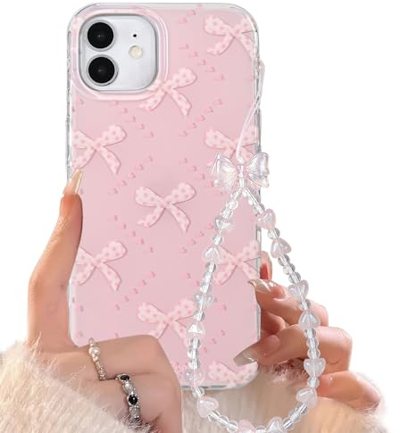 Reownest for iPhone 12/12 Pro Case with Cute Pink Bowknots diamond Pattern Aesthetic Girly Cover, Soft TPU Bumper Protective Phone Cases for Women Girls + Beaded Bow Chain