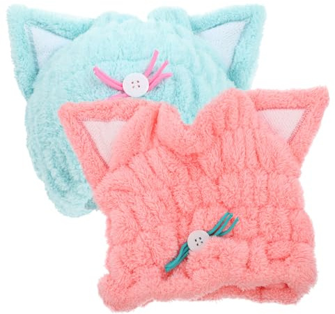 2 Stück Haartrocknungsmütze aus Coral Fleece, Rosa Blau | Katzenmotiv, Schlichtes Cartoon Design, Sicherer Halt, Schützt vor Trockenheit und Spliss