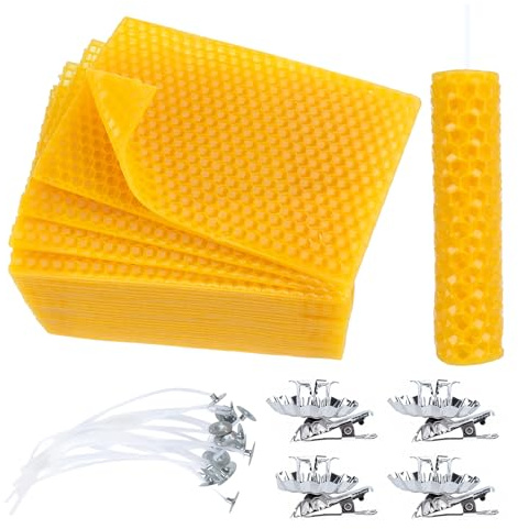 Ruryxel 30 Stück Bienenwachsplatten mit 20 Docht und 4 Kerzenklammern, 13,2 x 9 cm Bienenwachsblätter zur Kerzenherstellung, Bienenwachskerzen Set für Handwerkliche Geschenke Weihnachten