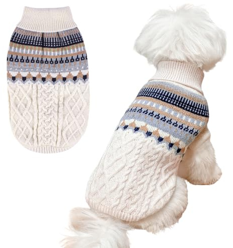 Fnaobai stickad hundtröja med polokrage katt kallt väder pullover husdjur vintage kabel tjocka varma vinterkläder för X små hundar katter medium mops tax yorkie (beige, S)