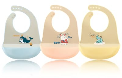 HUVZOR Bavaglini in Silicone 3 Pezzi Impermeabili con Tasca - Morbidi, Regolabili in 7 Posizioni e Lavabili; Ideali per Svezzamento, Senza BPA, Design Pratico per Bambini durante i Pasti